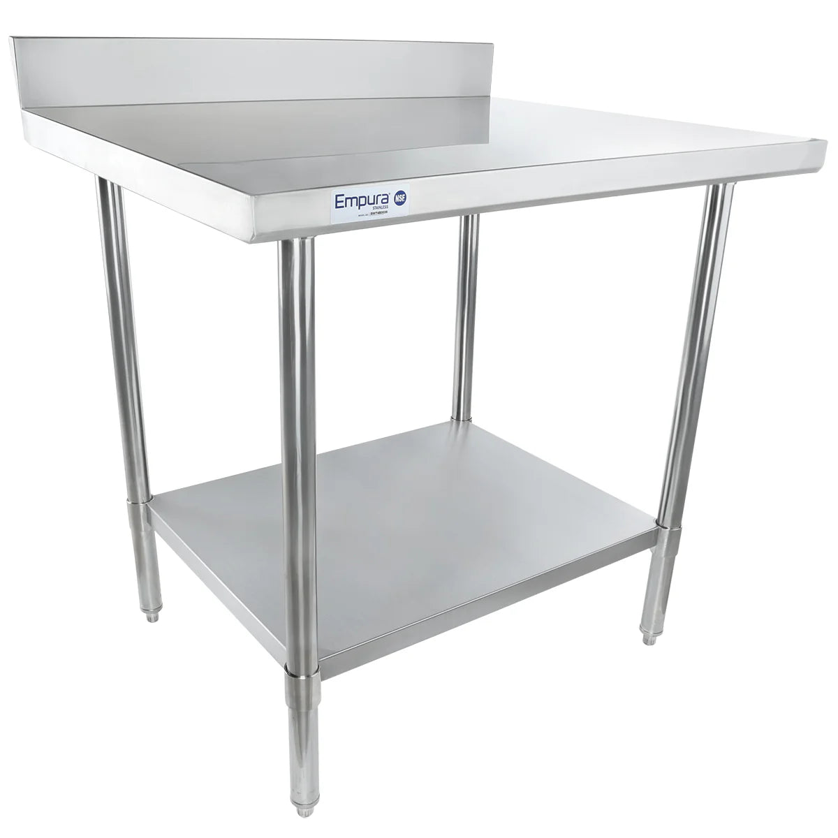 This NSF stainless steel work table features a backsplash, four cylindrical legs, an undershelf for extra storage, and the Empura brand logo on the front edge. The smooth, flat surface is set against a white background.