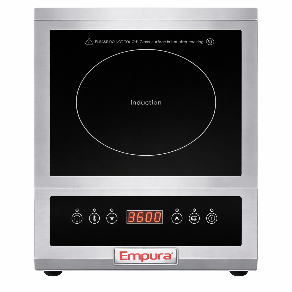 A stainless steel Empura countertop induction cooktop with a black glass surface. This single burner induction range features a white-outlined cooking zone, “induction” at center, red digital display, touch controls, and a hot surface caution.