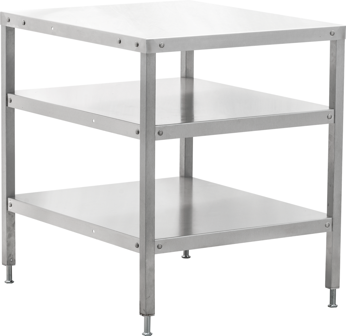 Stainless steel equipment stand with two undershelves and an upper work surface. The table features sturdy, adjustable legs for stability and is designed for industrial or kitchen use. Surfaces and frame are smooth, metallic, and reflective. No background.