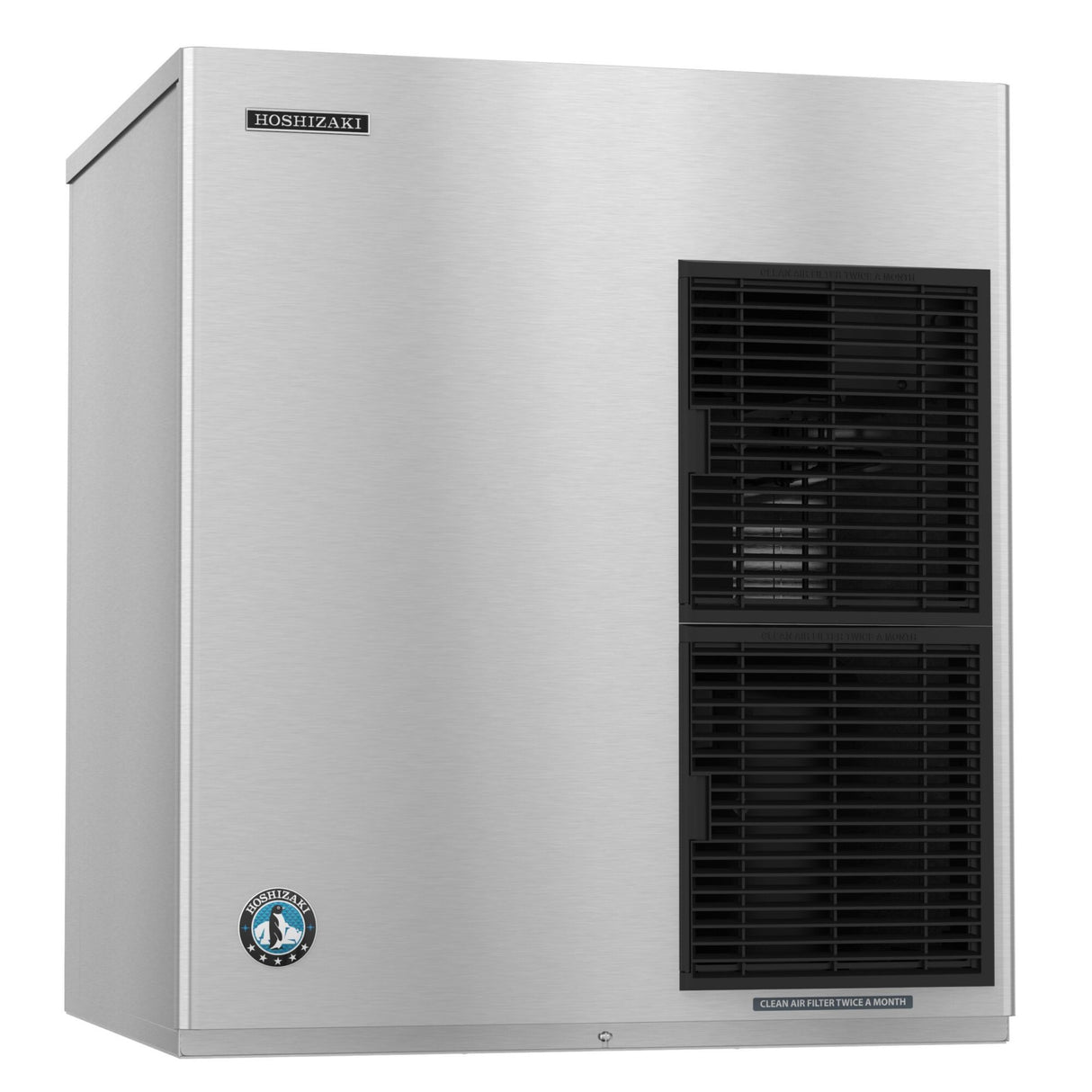 A stainless steel Hoshizaki Ice Maker with a rectangular shape, two black ventilation grilles on the front, and brand labels on the upper and lower left. The smooth surface gives this Cubelet-Style machine a clean, industrial look.