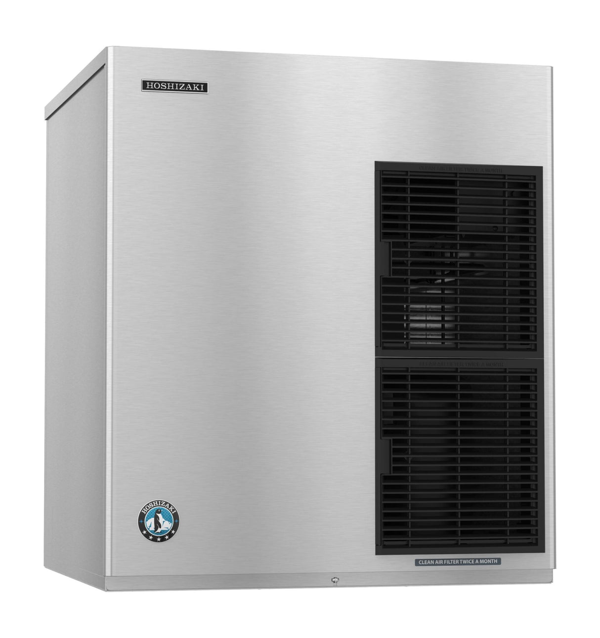 A stainless steel commercial cubelet-style ice maker with a rectangular shape. The front features two black vented panels, one above the other, and a small round logo near the bottom. The Hoshizaki brand name appears on the top left corner.