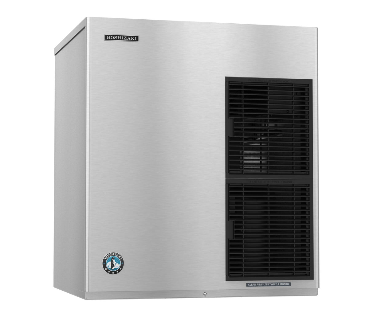 A stainless steel Hoshizaki Cubelet Ice Maker with a rectangular shape, smooth surface, and two black vented grilles on the right. The manufacturer’s logo is in the top left; a blue circular certification badge is in the bottom left.