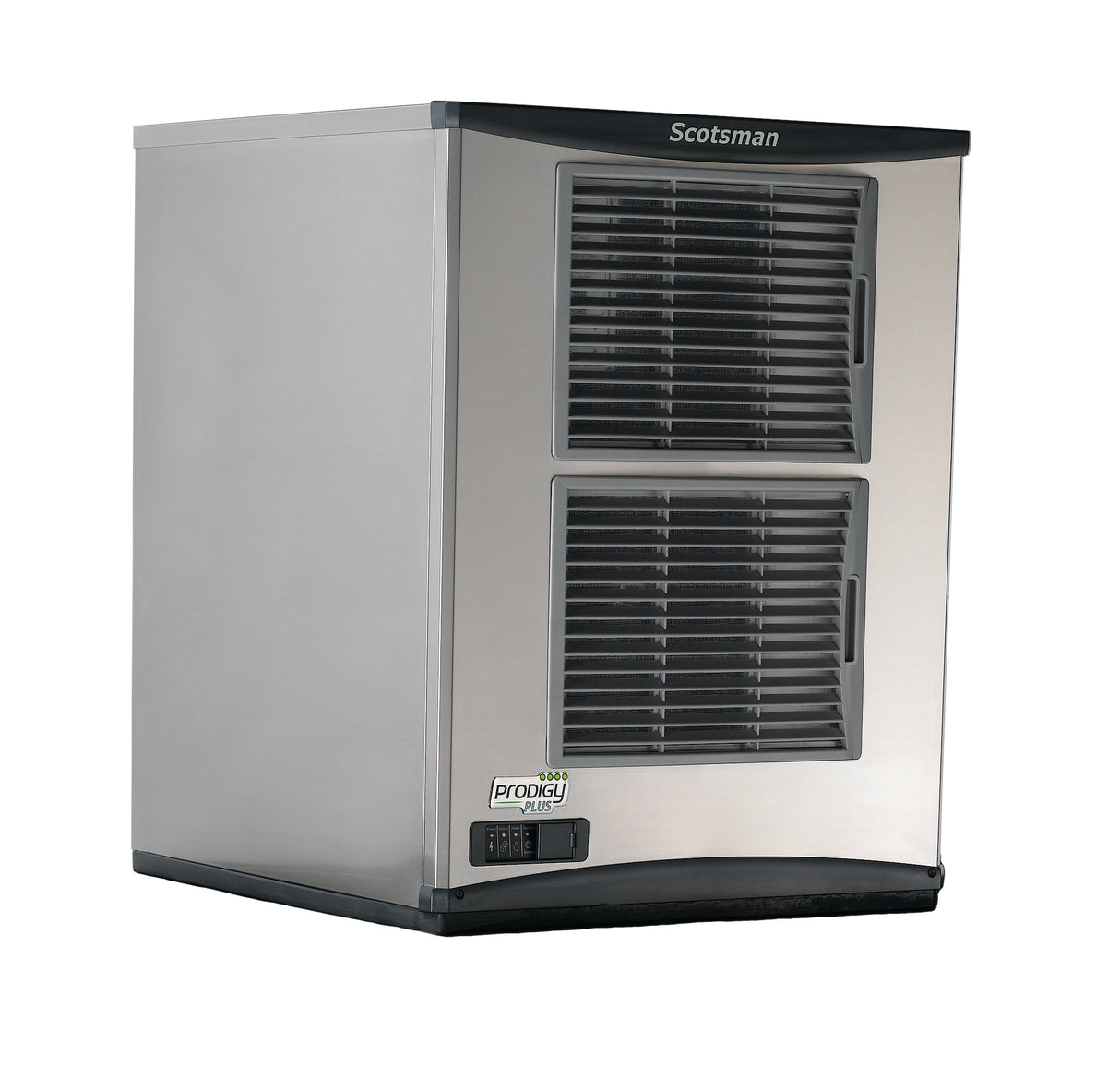 A stainless steel Prodigy Plus ice maker with a rectangular shape, black ventilation grates on the front, a small digital display panel at the bottom left, and the “Scotsman” brand name at the top. The surface has a brushed metal finish.