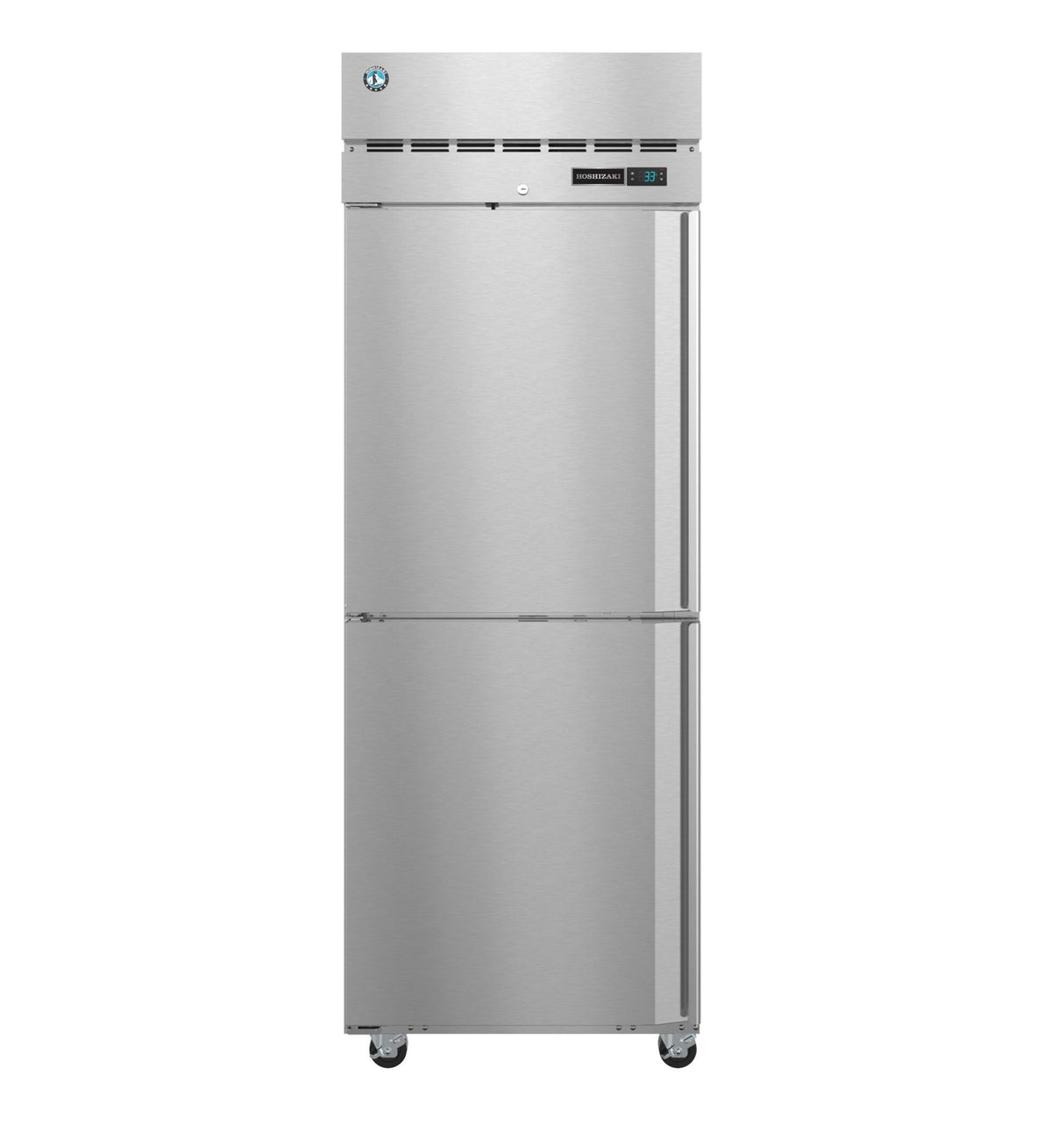 A tall, stainless steel reach-in freezer stands upright on four wheels. It has two vertical doors with horizontal handles and a digital display panel on the upper right side. The exterior is smooth and industrial in appearance.