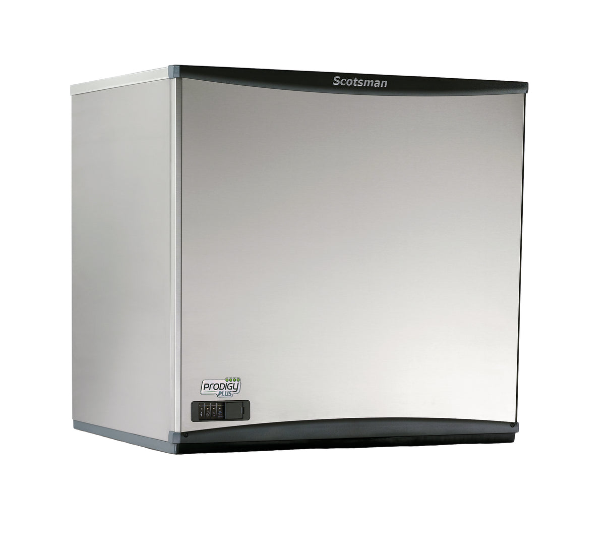 A stainless steel Scotsman flake ice maker with a smooth, curved front panel, black bottom trim, and a small digital display on the lower left. The brand name Scotsman tops this clean, modern high capacity ice machine against a white background.