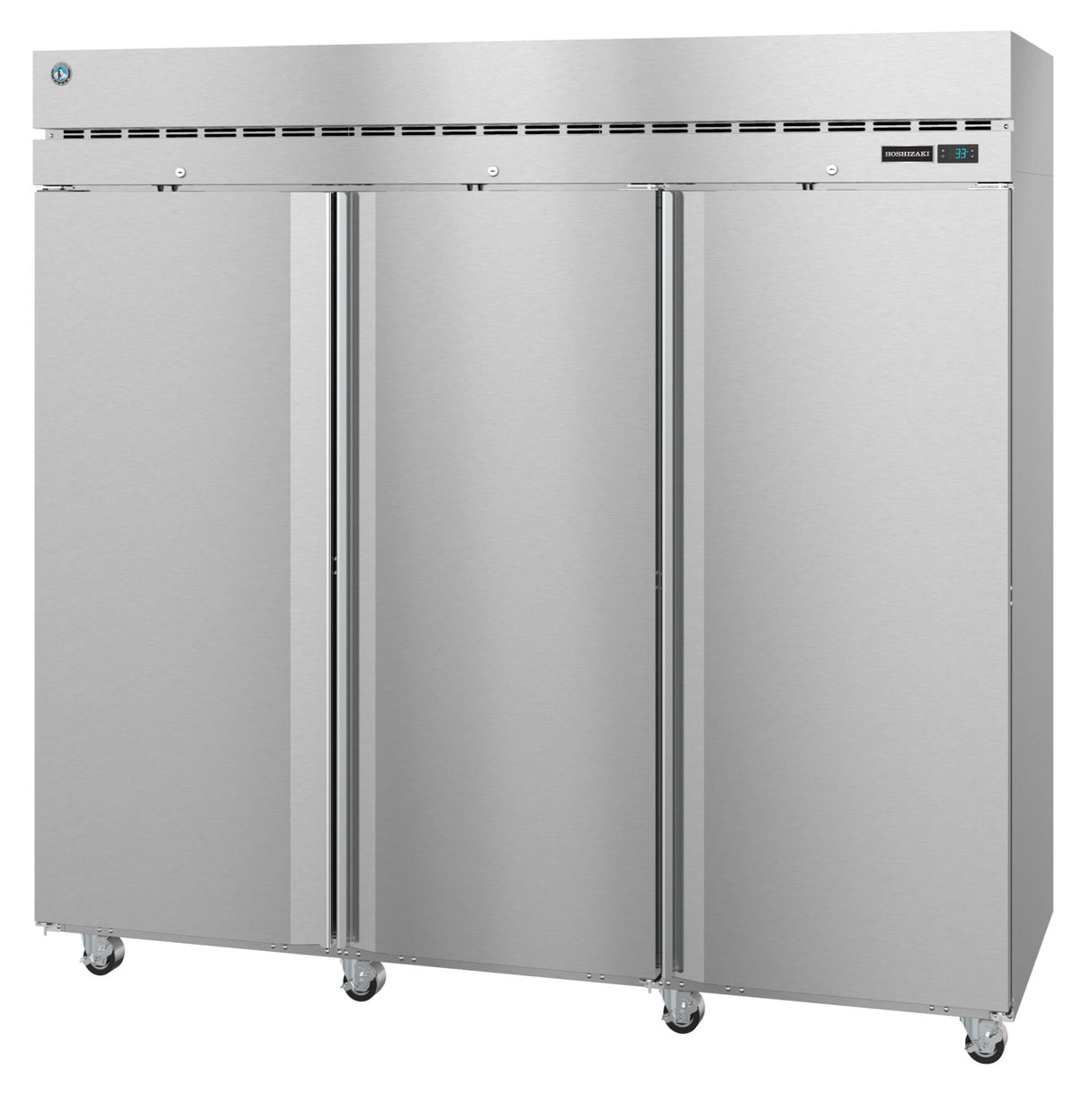 A large, stainless steel commercial freezer with three vertical doors, each featuring a long handle. The reach-in freezer stands on caster wheels, has a vented panel along the top, and a digital control panel on the upper right.