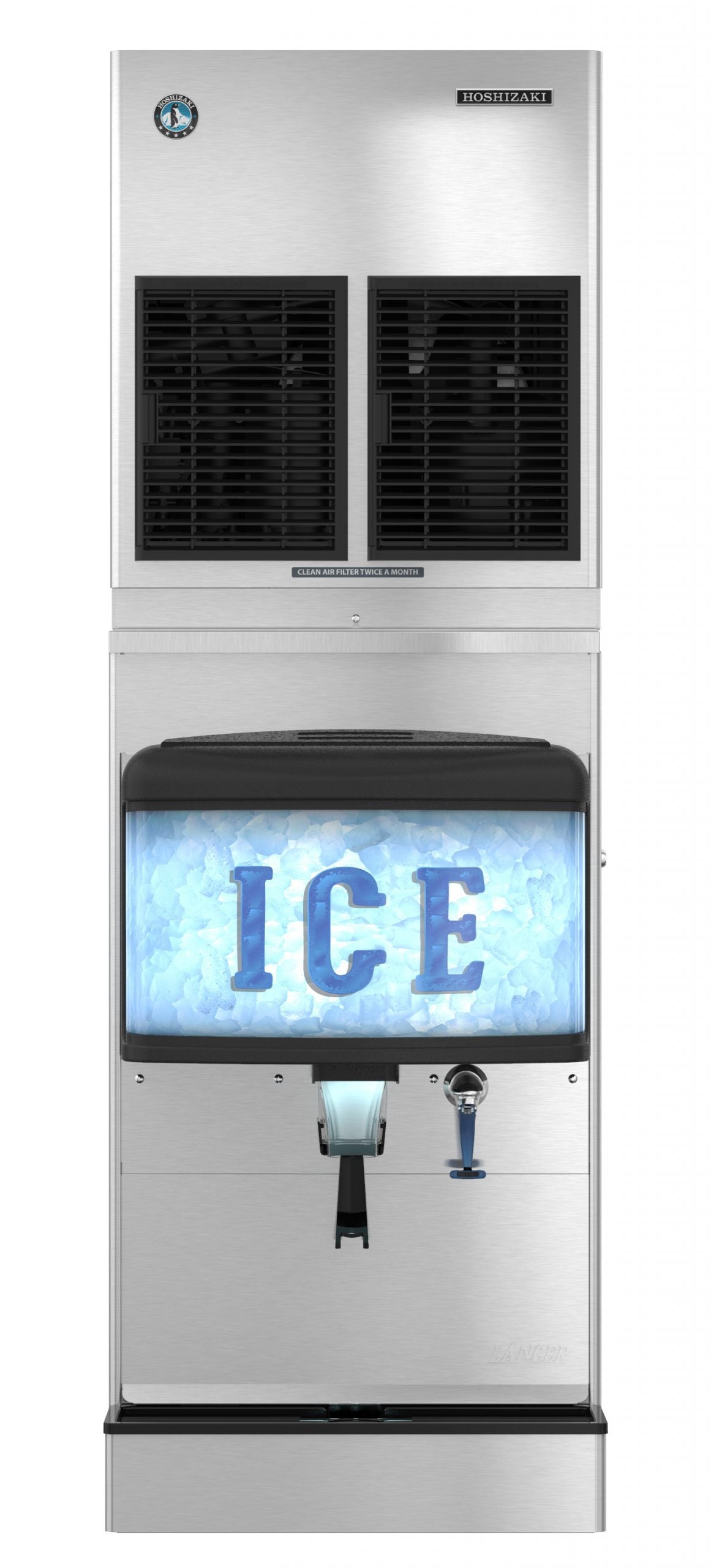 A commercial Ice & Water Dispenser with a stainless steel exterior, 200-lb. ice capacity, lit “ICE” display above visible ice, top vents, dispensing lever, blue push button, and small front spout.