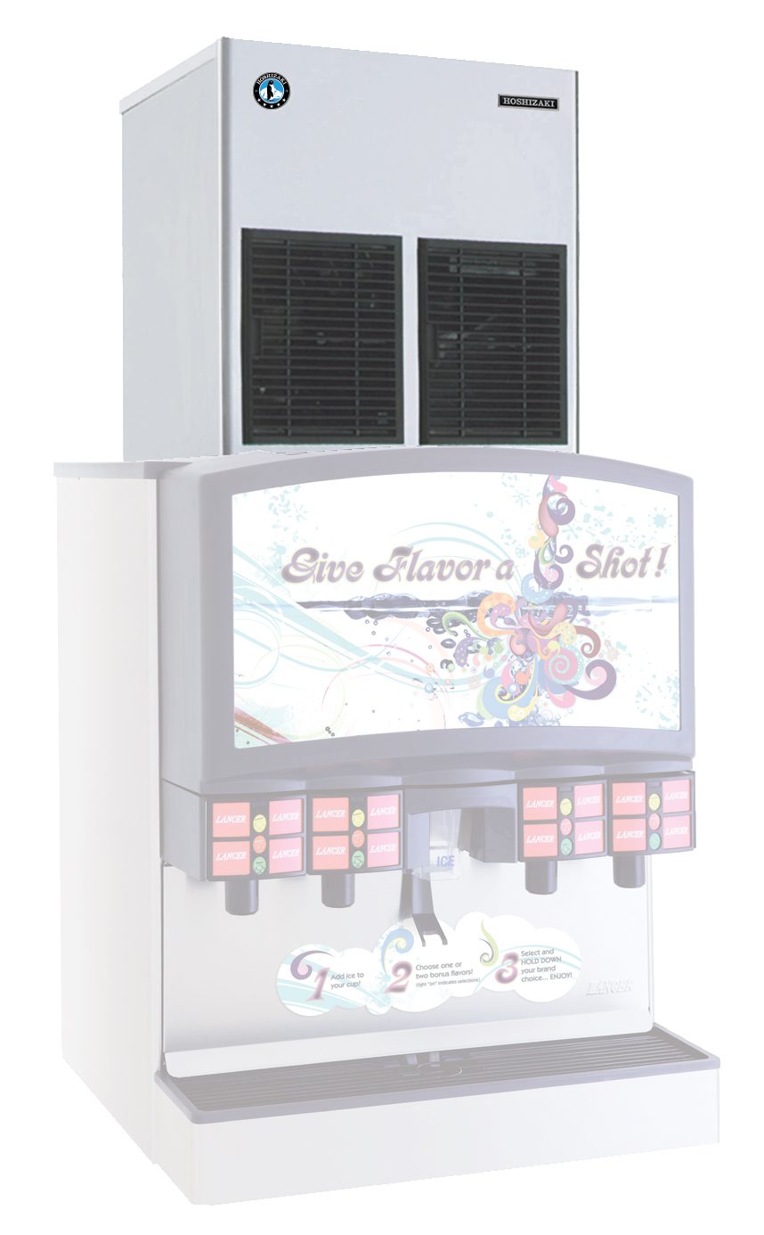 A commercial soda fountain machine with multiple drink dispensers and flavor shot options. The front display reads Give Flavor a Shot! Colorful swirls accent the Hoshizaki ice maker unit on top, which dispenses refreshing cubelet ice. Black vented panels complete the look.