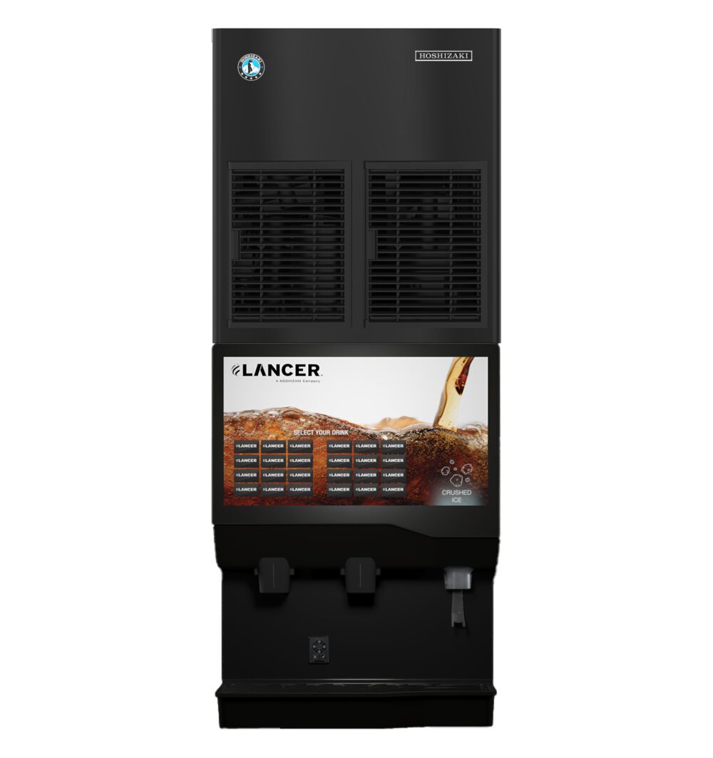A black commercial soda fountain machine with a digital touch screen displays various drink options and a soft drink being poured over ice. The Hoshizaki dispenser features two drink nozzles, a cup grate, and an integrated Cubelet-Style ice maker.