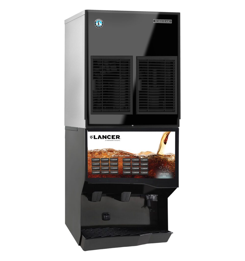 A commercial soda fountain machine with a Hoshizaki ice bin featuring Cubelet-Style ice, multiple drink selection buttons, and two dispensing nozzles. The front panel displays cola being poured into a glass, with Lancer branding and labeled drink options below.