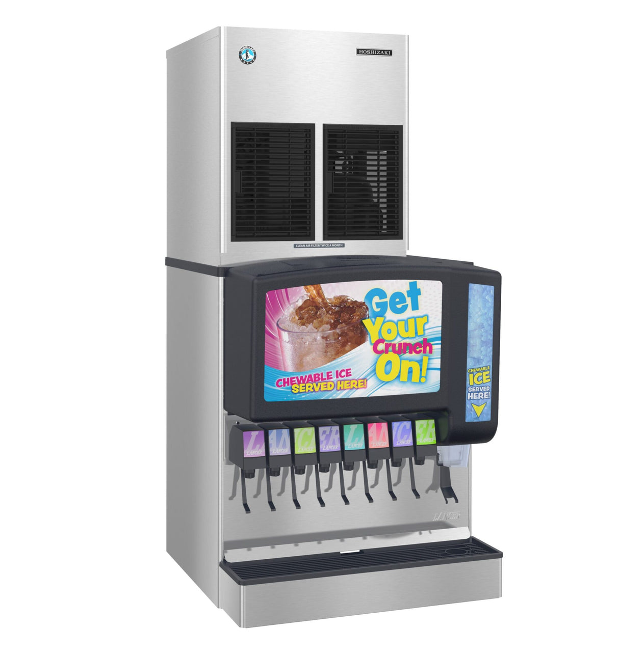 A commercial Hoshizaki soda fountain machine with eight drink dispensers, an ice chute for Cubelet Ice, and a large sign that reads “Get Your Crunch On! Chewable Ice Served Here.” The silver and black machine features colorful beverage buttons.