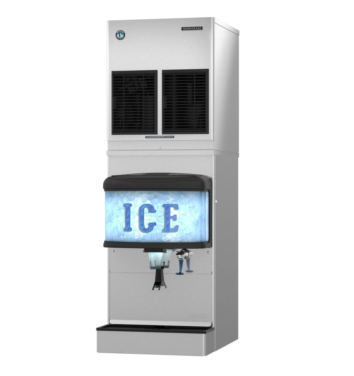 A tall, stainless steel Hoshizaki ice dispenser with a clear front panel displaying the word ICE in blue letters over a pile of cubelet-style ice cubes. Below are a dispensing chute, control buttons, and a cold water spout on a rectangular base.