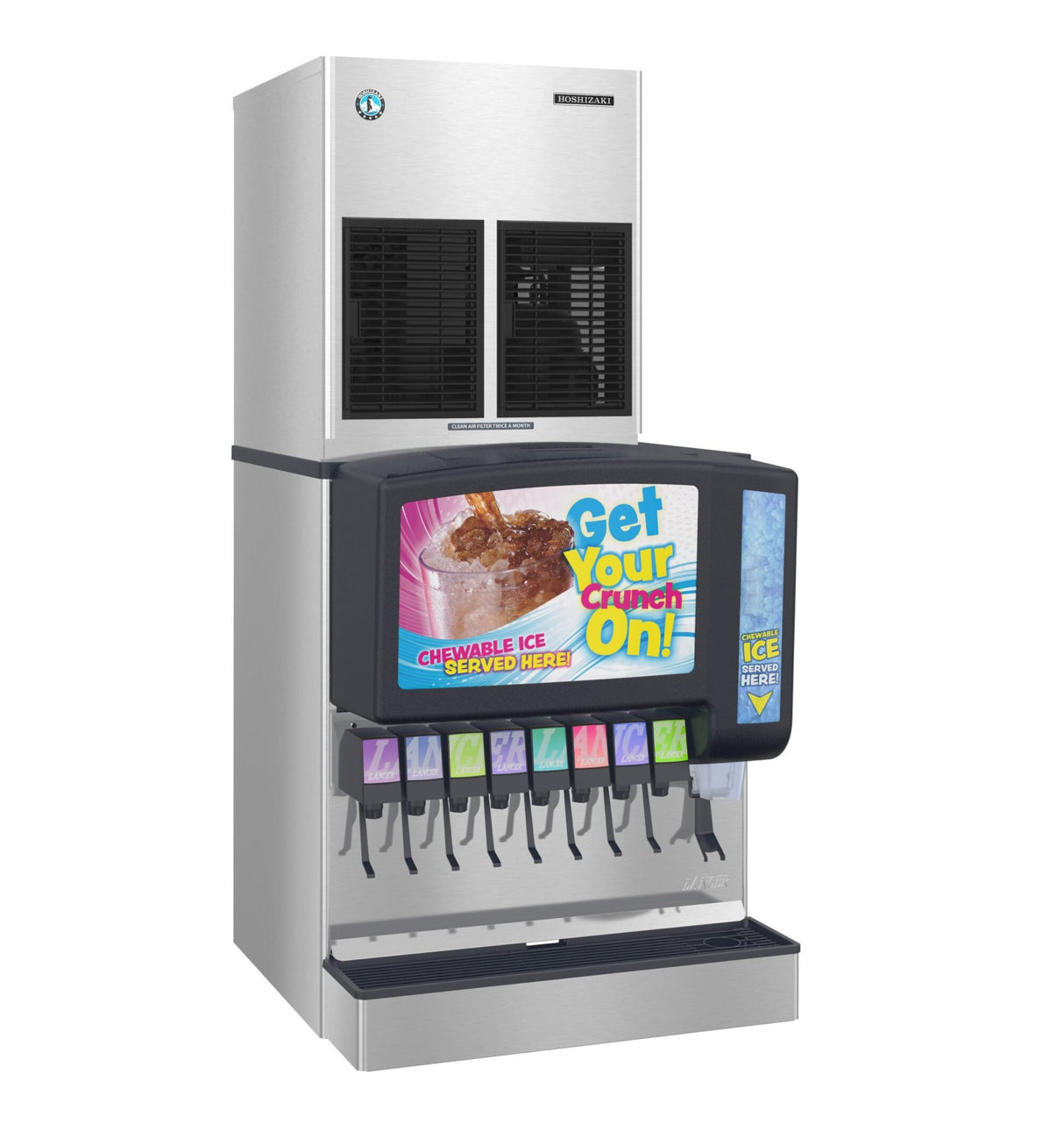 A commercial soda fountain machine with multiple drink dispensers and a built-in Hoshizaki Cubelet-Style Ice Maker. The front display reads “Get Your Crunch On! Chewable Ice Served Here!” Above, there’s a large stainless steel ice bin and ventilation panels.