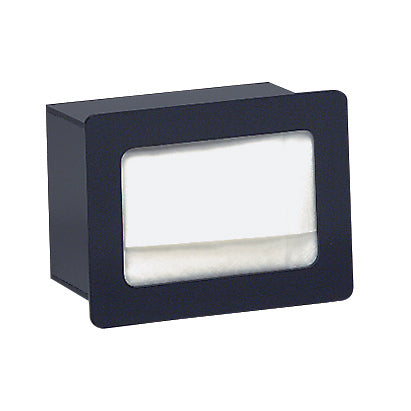 Acrylic napkin dispenser with a rectangular black design and clear front window displays white tissues inside. This modern, box-shaped Napkin Dispenser is suitable for mounting or placing on any flat surface.