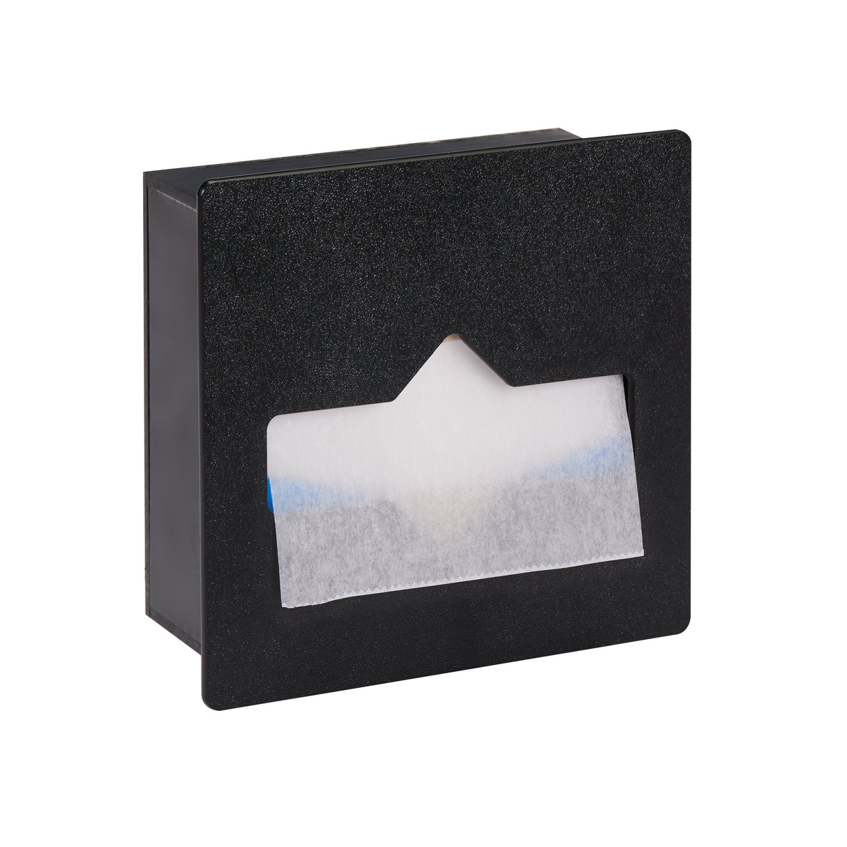 A black rectangular built-in tissue dispenser holds a partly visible white tissue, protruding through a horizontal opening in the front, set against a plain white background.