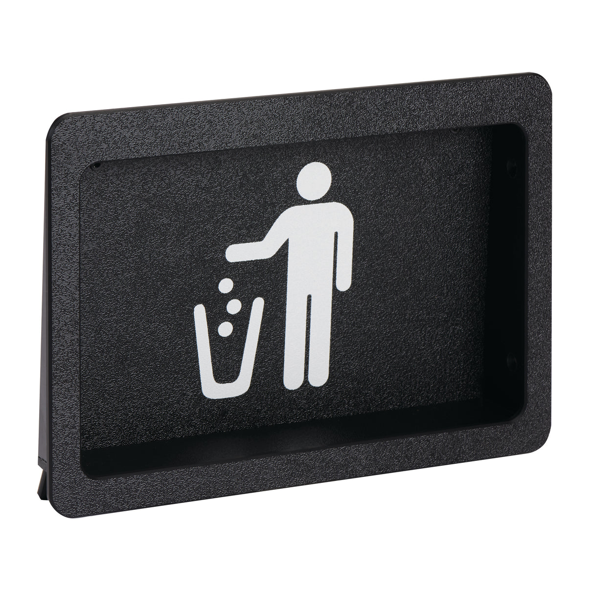 A black rectangular sign with a white stick-figure pictogram shows a person dropping dots into a waste bin, similar in style to signs near lid dispensers or cold beverage lids, promoting proper disposal of litter.