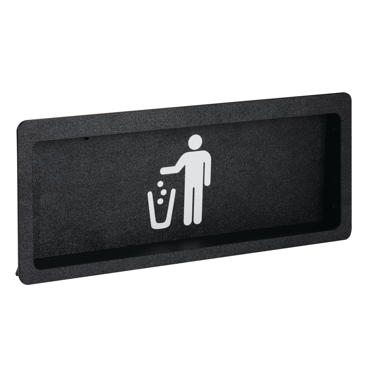 A black rectangular sign with a white pictogram of a person throwing small items into a trash bin, symbolizing proper waste disposal near a built-in trash door. The sign has rounded corners and a recessed rectangular border.