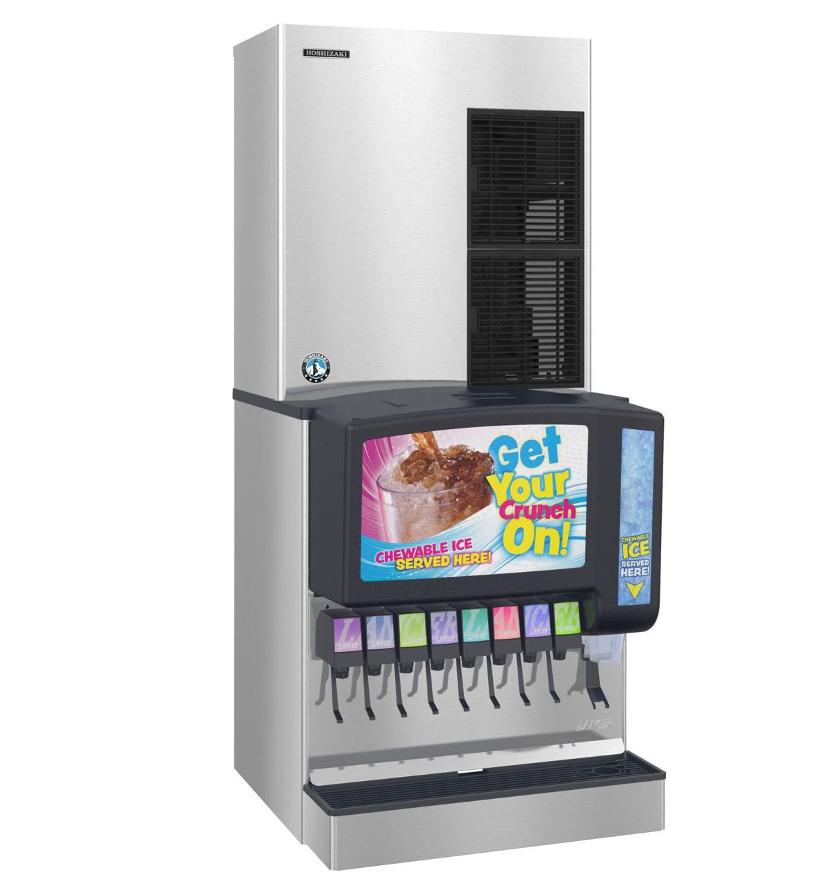 A commercial soda fountain machine with a metal body and black accents, featuring eight drink dispensers and an ice chute. The unit boasts a large cubelet-style ice storage bin on top and a colorful display advertising chewy ice and soft drinks.