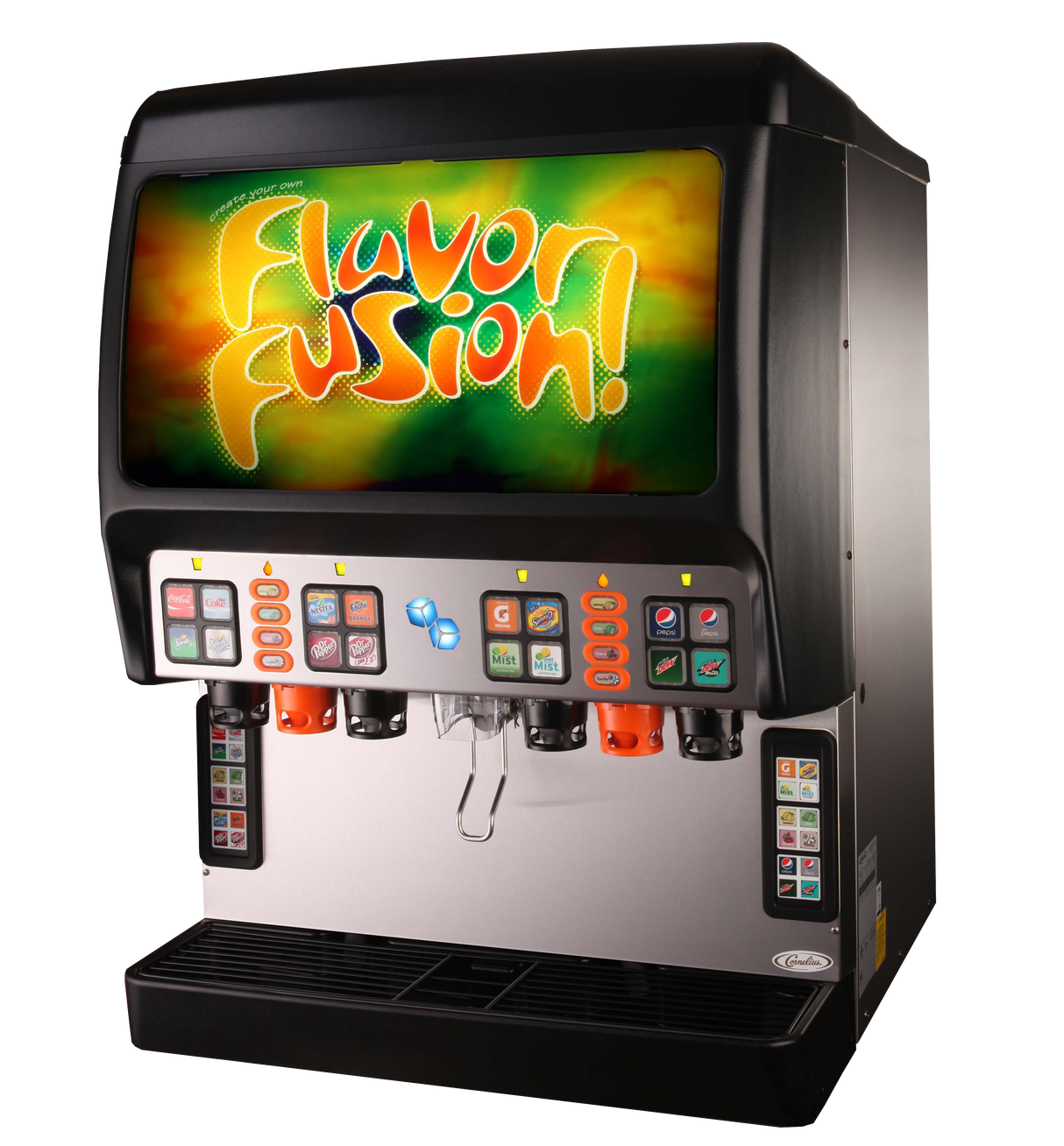 A black and silver FlavorFusion beverage dispenser labeled “Flavor Fusion!” displays colorful graphics on top. This countertop beverage dispenser has six drink dispensers, two ice & post-mix dispensers, and a tray below to catch spills.