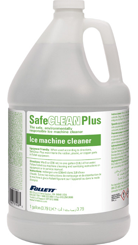 A large, translucent plastic gallon jug labeled SafeCLEAN Plus Ice Machine Cleaner features green and grey text. As an environmentally responsible choice, it has a right-side handle, white cap, and detailed safety and usage info on the front label.