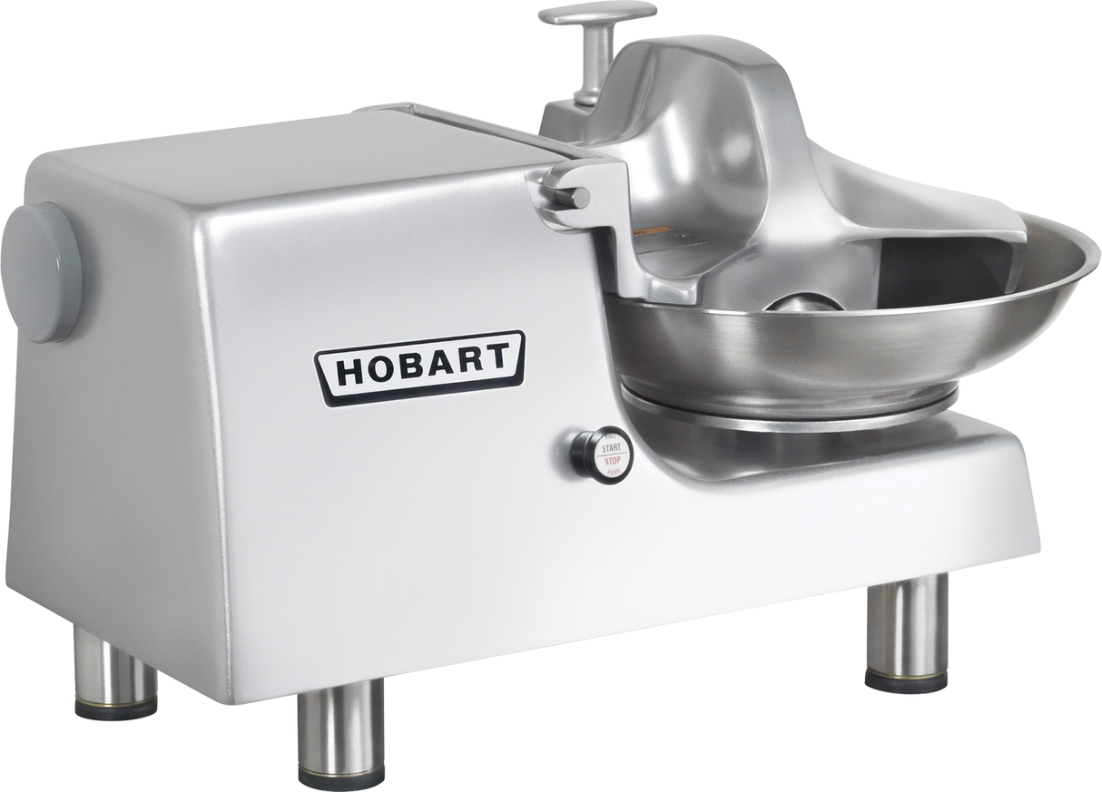 A Hobart Food Cutter with a shiny metal body, round stainless steel bowl, and protective shield. The machine stands on four sturdy legs with a large knob on the left side, and the Hobart brand name is displayed prominently on the front.