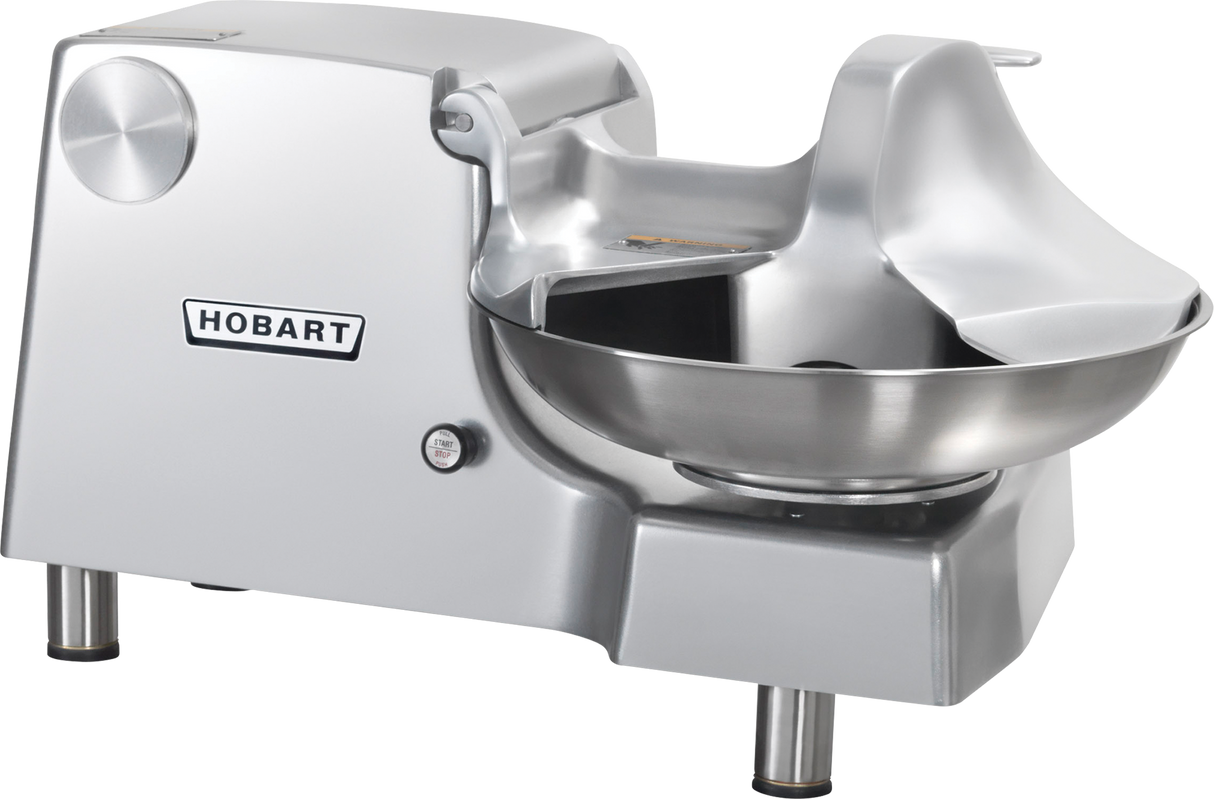 A Hobart Food Cutter featuring a stainless steel bowl, large round mixing chamber, protective cover, and sturdy three-leg base. The industrial design and sleek finish are complemented by the prominent Hobart logo on its side.