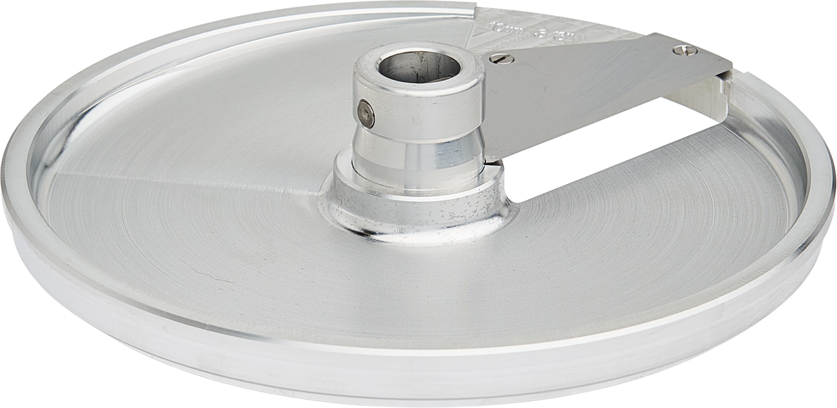 A shiny, circular stainless steel part with a raised center hub and a flat, smooth surface. A metal arm extends from the hub to the edge, secured by a screw. The machined piece is likely from a Food Processor or similar industrial device.