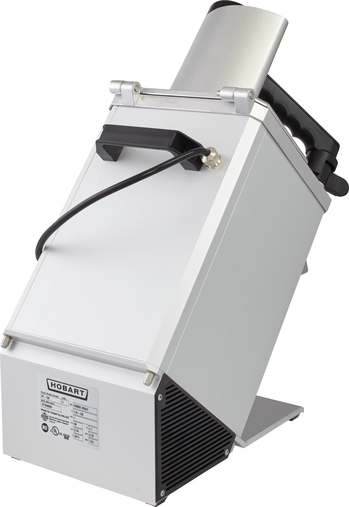 A silver and white Hobart commercial food slicer stands angled on a metal base. Featuring a stainless steel continuous feed chute, black handle, ventilation grilles, and a product label on the lower front, it is set against a plain white background.