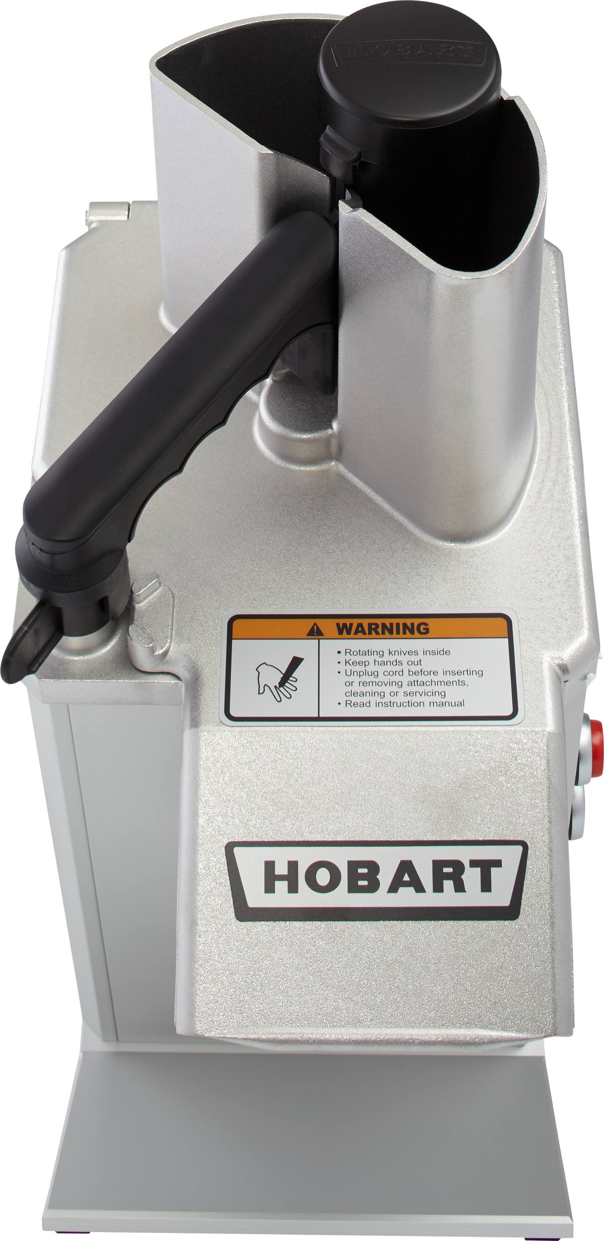 A metallic Hobart Food Processor features a black pusher handle, top chute for continuous feed, a warning label about sharp blades, and the Hobart logo on the front. Its cylindrical design includes a convenient control button on the side.