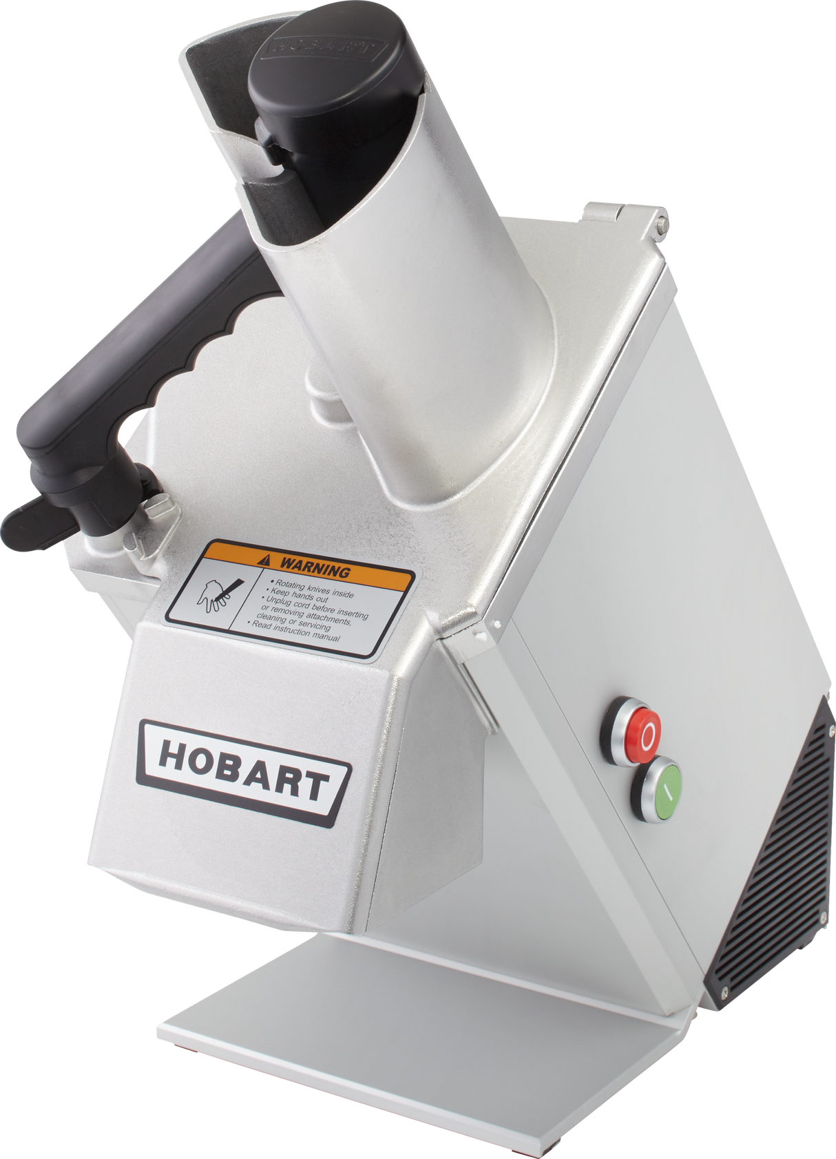 A stainless steel Hobart commercial Food Processor with a vertical continuous feed chute, handle, warning label, and red and green control buttons on the side, shown at an angle against a plain, light background.