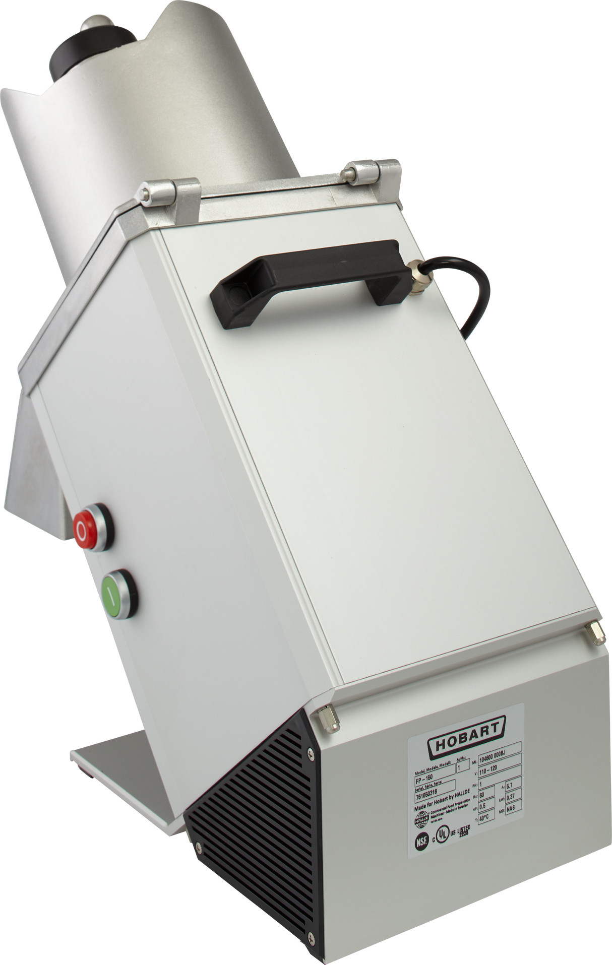 A stainless steel Hobart commercial food processor with a black handle, continuous feed angled chute, green and red control buttons, and a visible specification label on the side, all set against a white background.