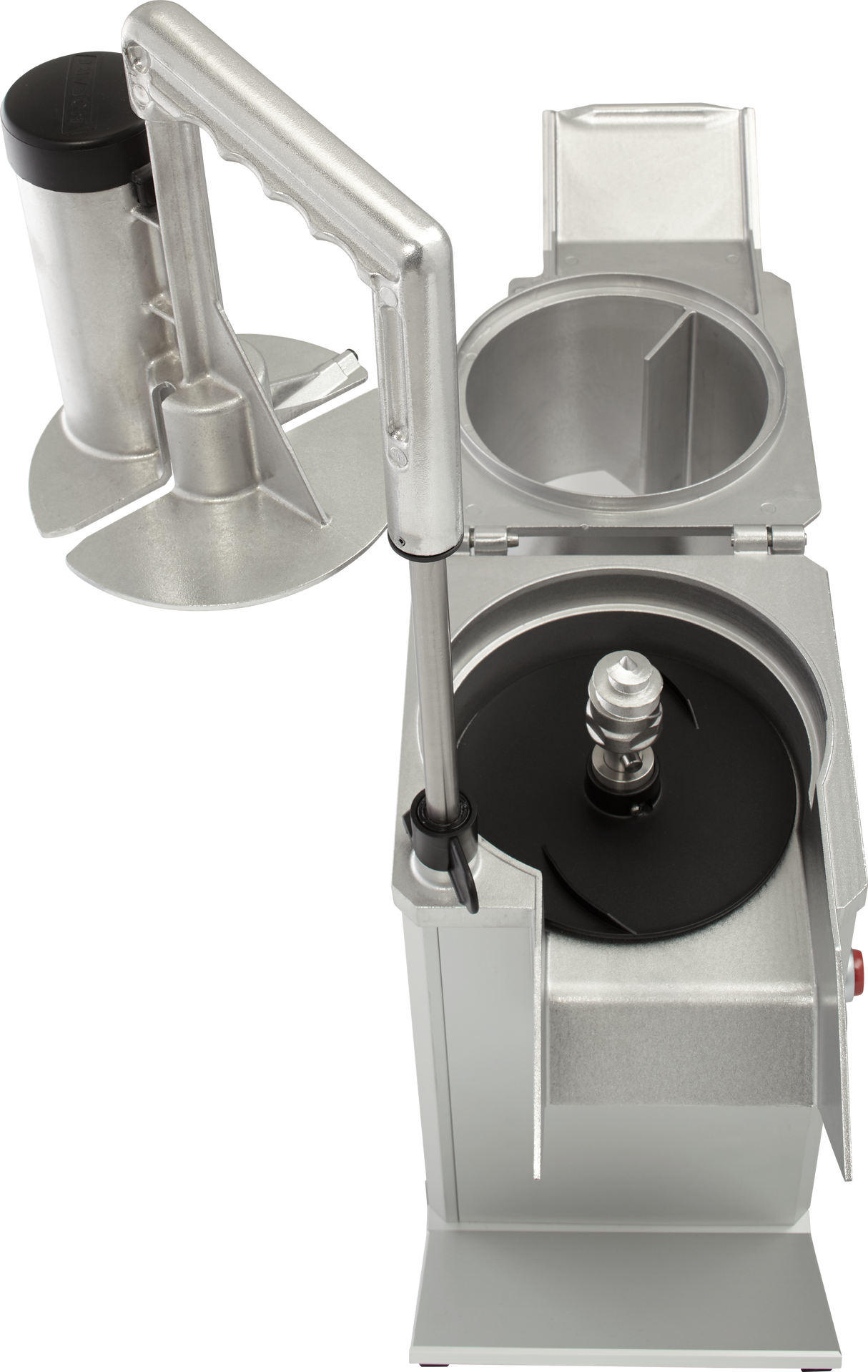 A Hobart FP150 Food Processor with a metallic finish is shown from above. It features an open circular lid revealing a black blade, a separate cylindrical continuous feed attachment on the left, and a rectangular main unit with industrial design elements.