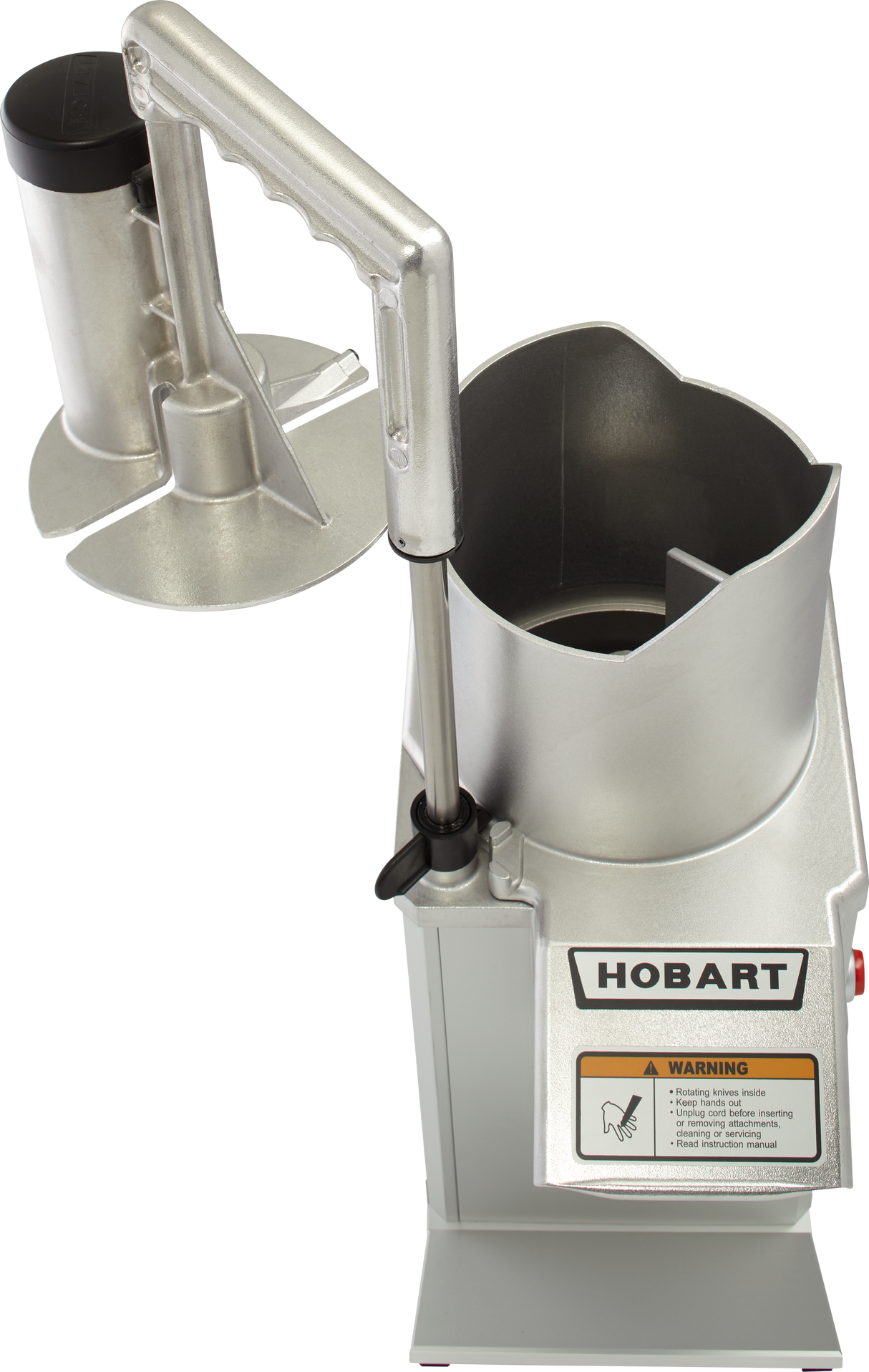 A commercial Hobart food processor with a large stainless steel feed chute, handle, and safety guard. The machine is silver with a visible Hobart logo and yellow warning label. The image is taken from above, showing the open chute.