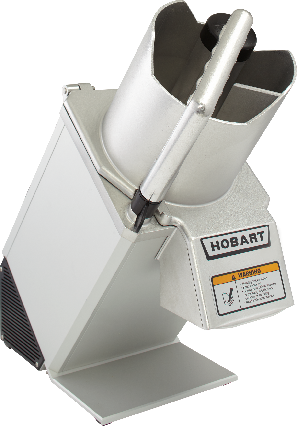 A stainless steel Hobart food processor with a large cylindrical chute, pusher handle, safety warning label, and angled silver base. Designed for commercial kitchens, it features continuous feed and clean industrial lines with black and orange accents.