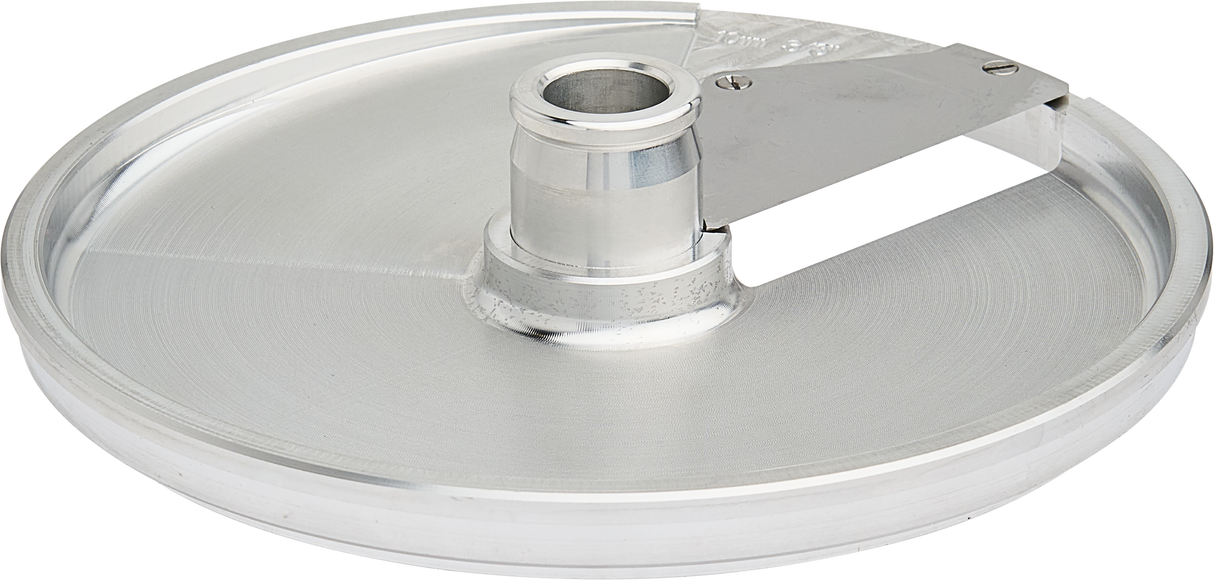 A circular, stainless steel slicer blade with a central raised hub and a sharp, angled cutting arm. The smooth, reflective surface features a groove near the rim and is designed for continuous feed use in a food processor or similar appliance.
