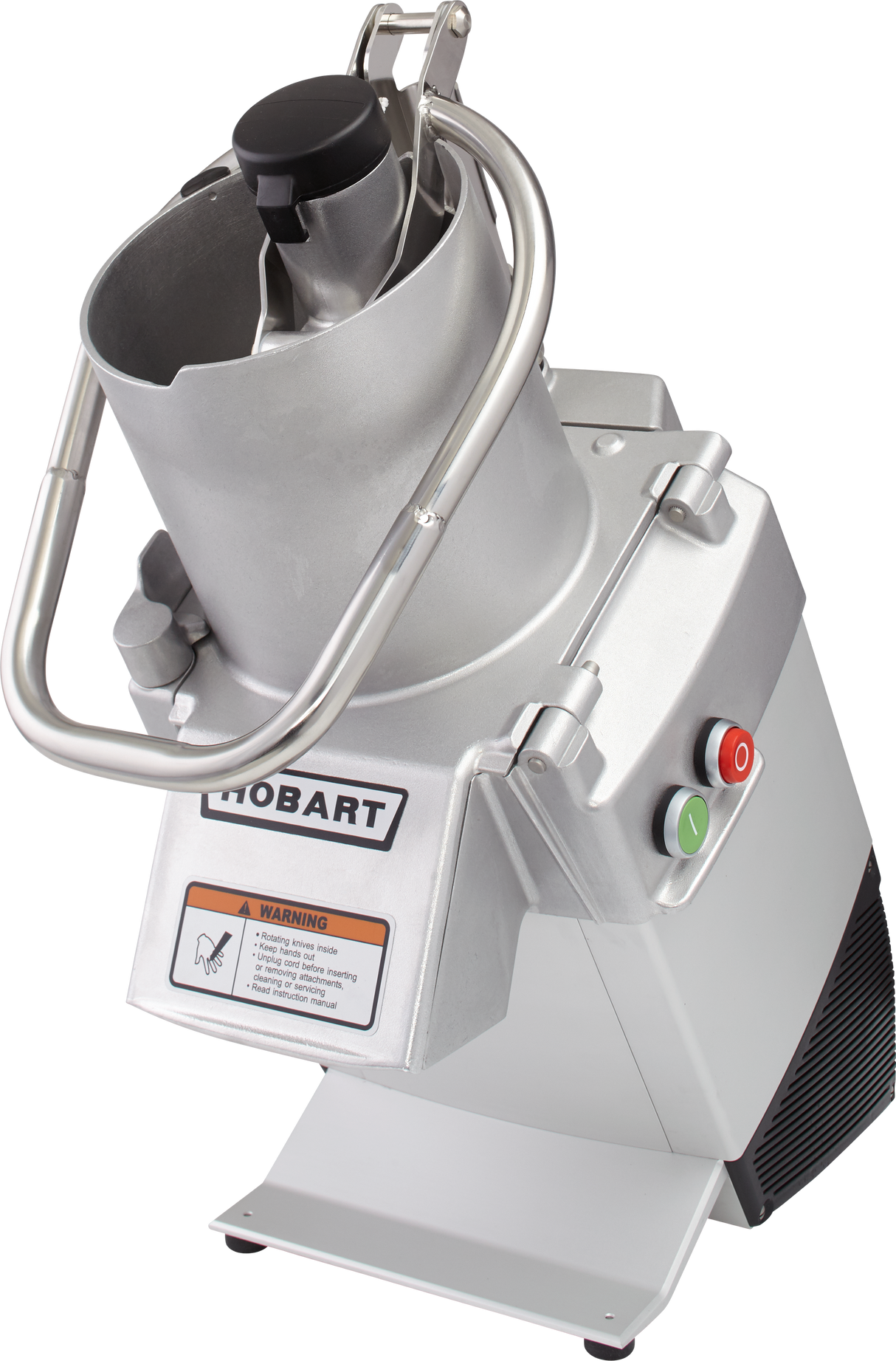 A commercial-grade Hobart FP250-1 Food Processor in silver with a large cylindrical continuous feed chute, black pusher handle, green and red buttons, safety warnings, and sturdy base, designed for slicing or shredding large quantities of food.