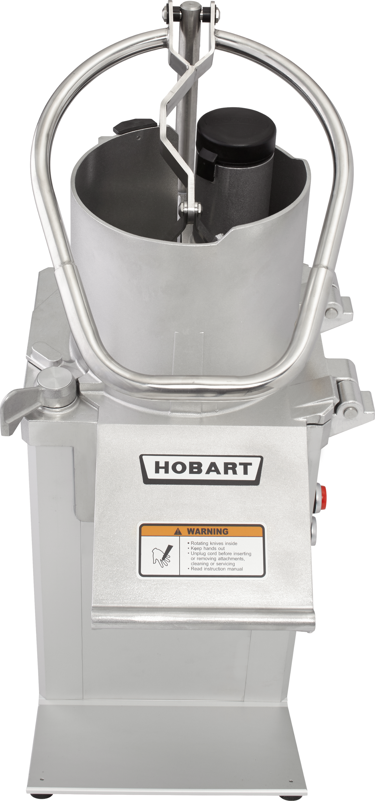A silver Hobart continuous feed food processor with a large cylindrical chute, sturdy handle, labeled front panel, and visible warning sticker. The machine features clean lines and a stainless steel finish, set against a plain white background.