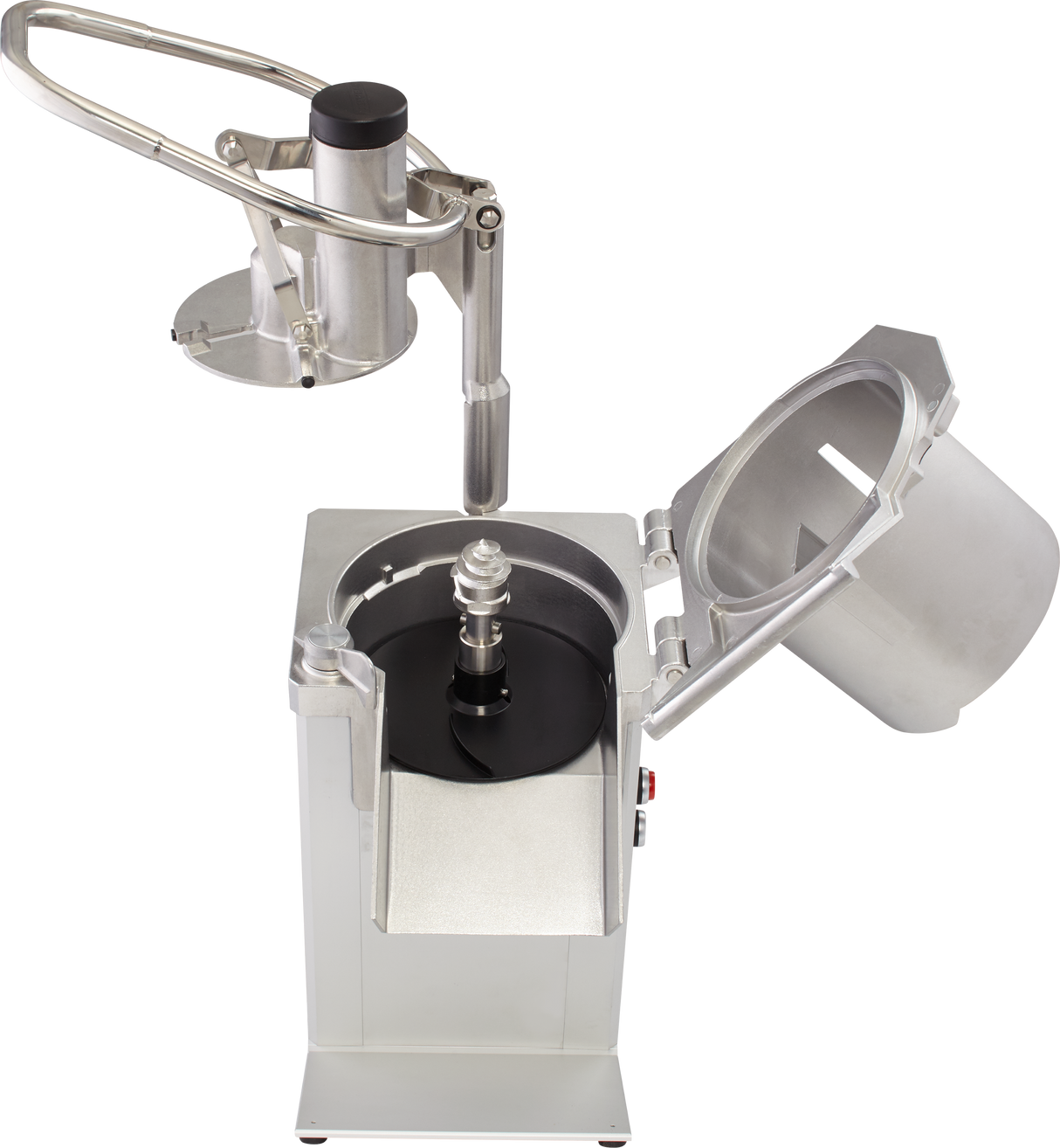 An industrial Hobart Food Processor with a hinged lid open to the right, exposing a black circular blade inside. It features a continuous feed design and an attached curved metal arm with a large handle for safe food pressing or feeding.