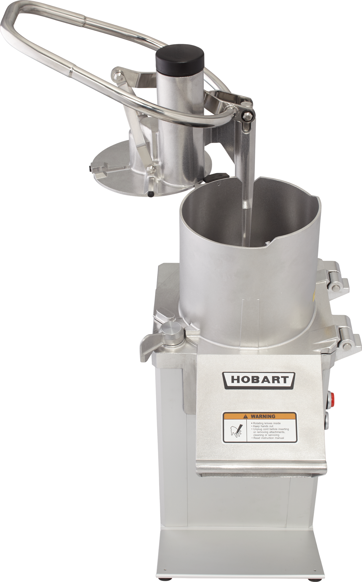 A stainless steel Hobart commercial food press with a cylindrical chamber and lever handle on top; features continuous feed capability, a warning label, and control buttons on the front of the rectangular base.