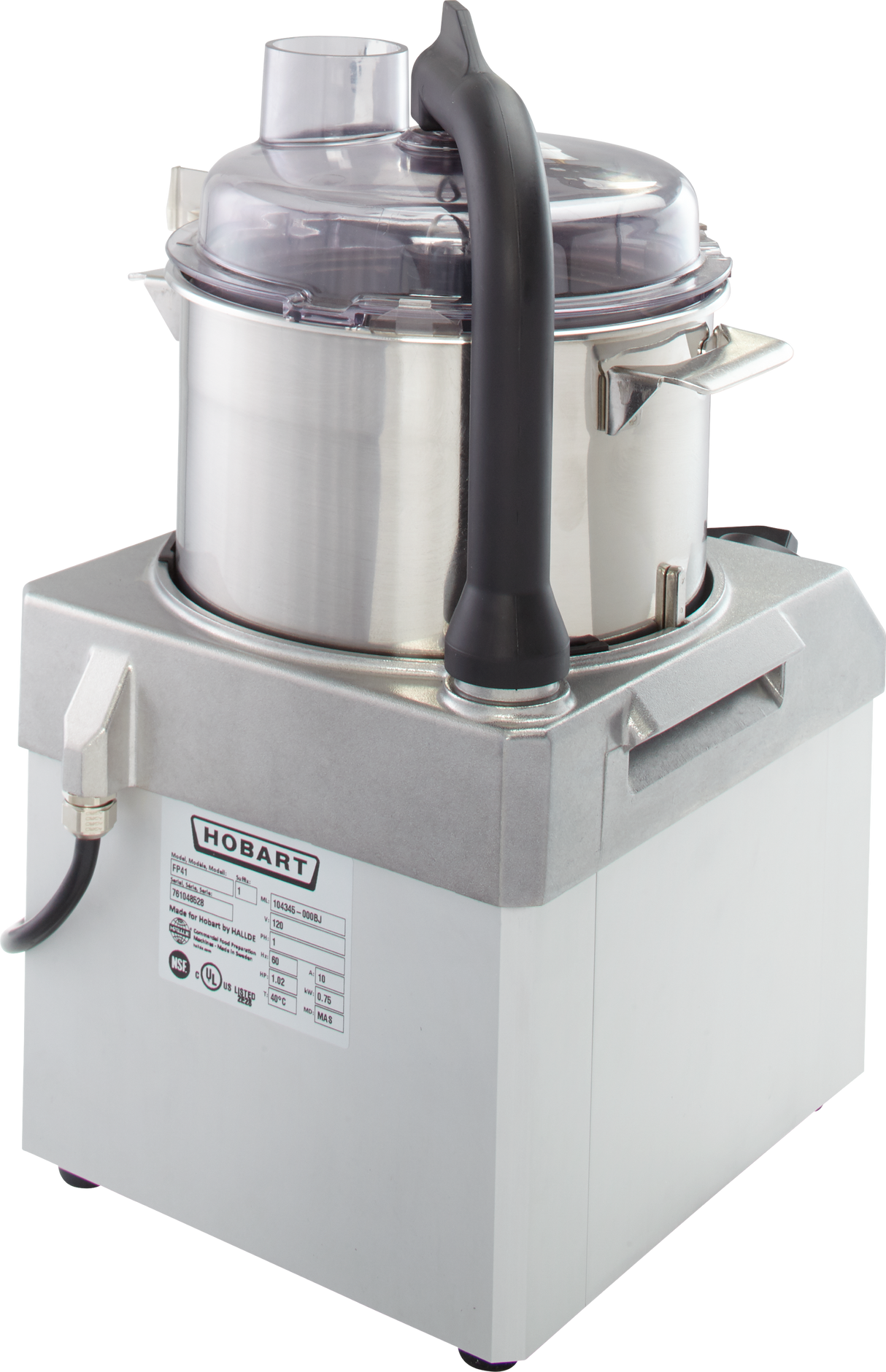A commercial-grade Hobart Food Processor with a 4 qt. stainless steel bowl, black handle, and clear plastic lid sits on a gray base displaying a product label. The machine features a power cord and an angled spout on the front left.