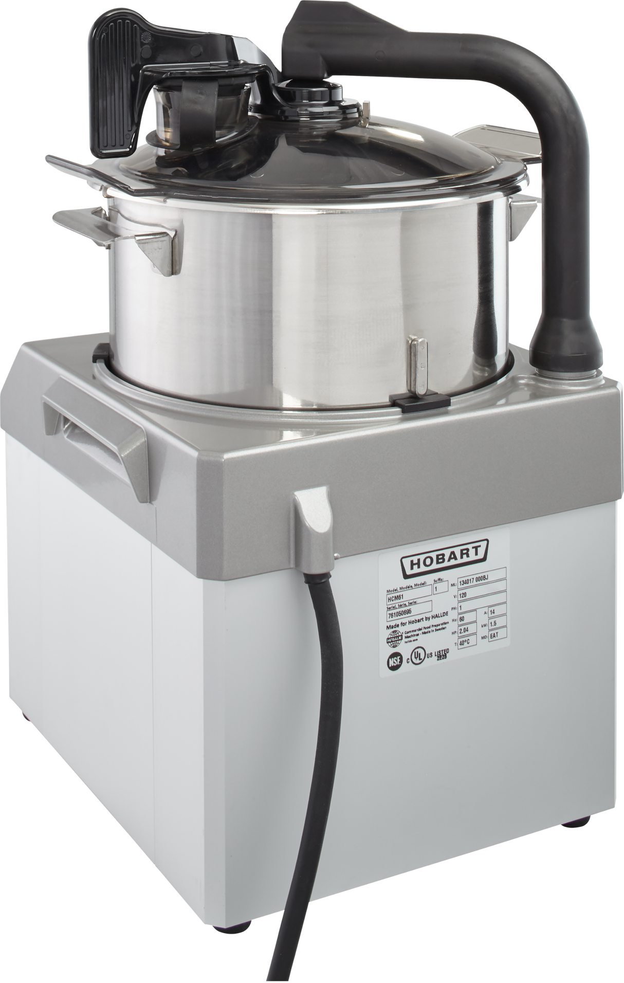 A commercial Hobart HCM61-1 Food Processor with a 6 qt. stainless steel mixing bowl, tightly sealed lid, black handle, and curved chute. The compact gray and white base features a control panel and power cord—ideal for industrial kitchens.