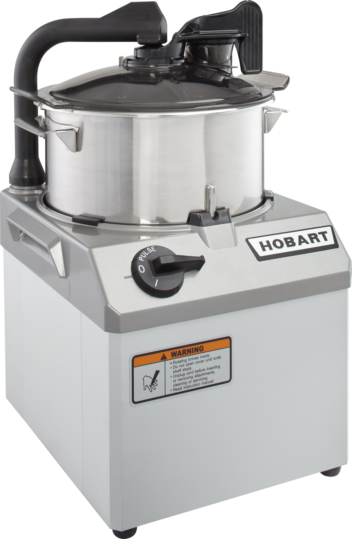 The Hobart HCM61-1 Food Processor features a sturdy, box-shaped design with a 6 qt. bowl, black handle, clear lid, control knob, and front warning label—perfect for industrial kitchens.