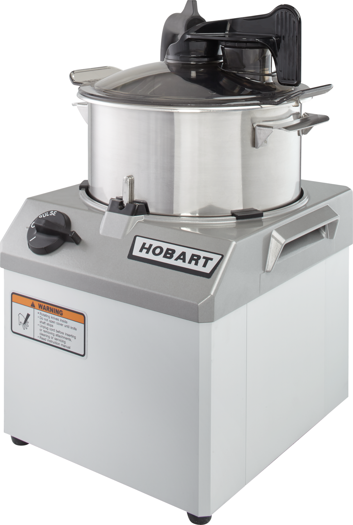 A stainless steel Hobart Food Processor with a 6 qt. bowl and COOLCUTTER knives sits on a gray base. The base has a black control knob, “HOBART” logo, warning label, and sturdy handles. The lid features a black handle and safety features.