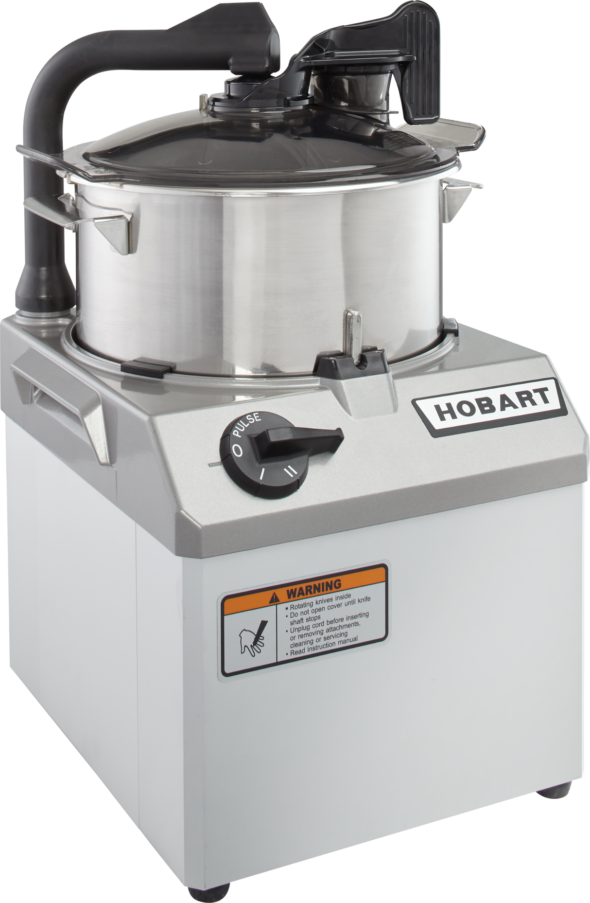 A commercial Hobart Food Processor with a 6 qt. stainless steel bowl, COOLCUTTER knives, black handle, locking lid, and control dial. The machine features a caution label and prominent Hobart logo, ideal for professional kitchen food preparation.