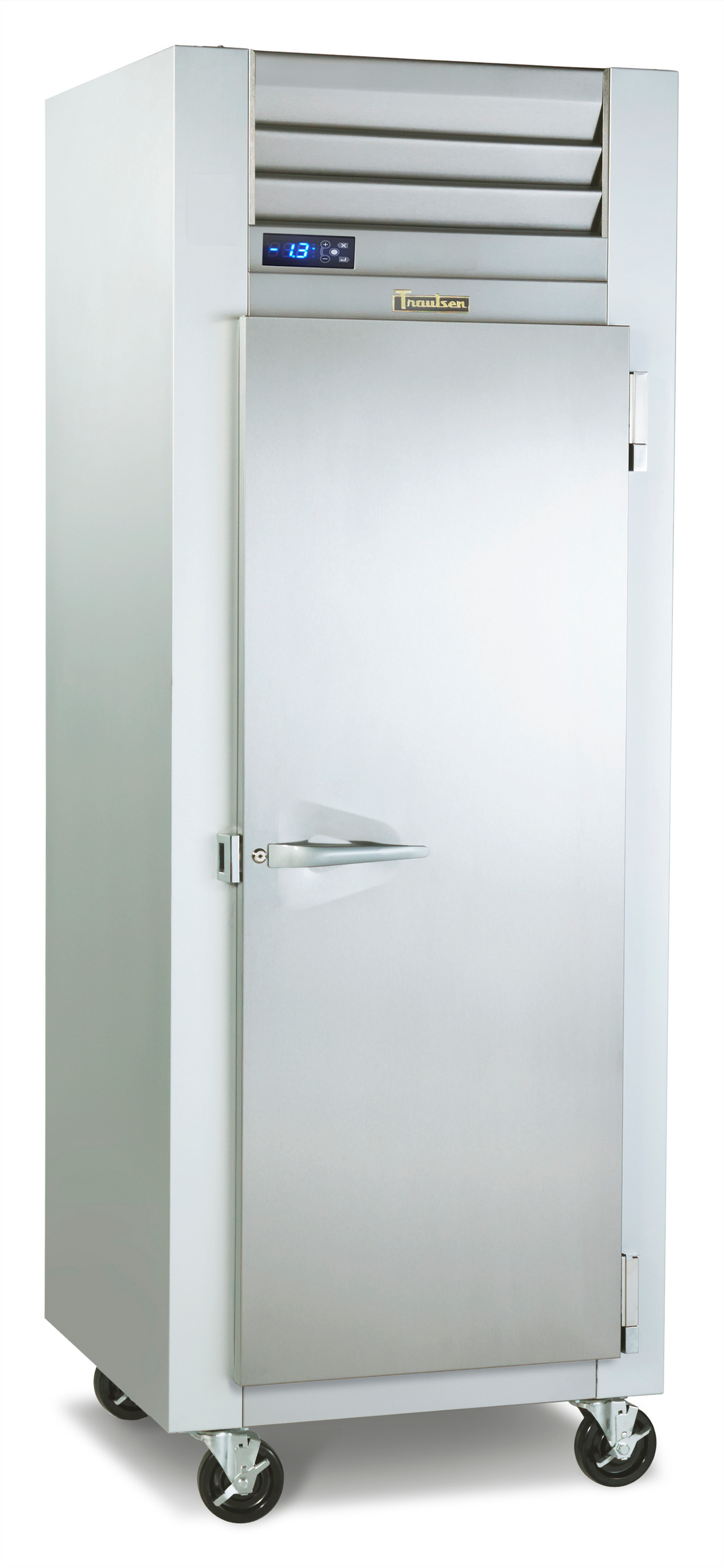 A tall, stainless steel Traulsen Reach-in Freezer with a single door, digital temperature display above the door, ventilation slats, sturdy handle, and four caster wheels for mobility, photographed against a white background.