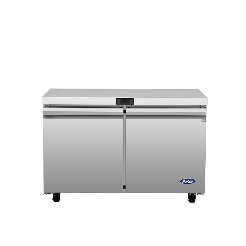 A stainless steel commercial refrigerator with two doors, a flat top, and a digital control panel at the center above the doors. Similar to an Atosa USA reach-in freezer, it has small wheels and an Arctic Air logo near the lower right corner. Background is plain white.