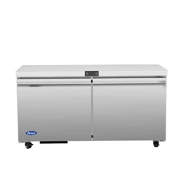 A sleek, modern Atosa undercounter refrigerator features stainless steel construction, black handles, and four caster wheels. This two-section reach-in fridge displays a blue logo on the bottom left against a plain white background.