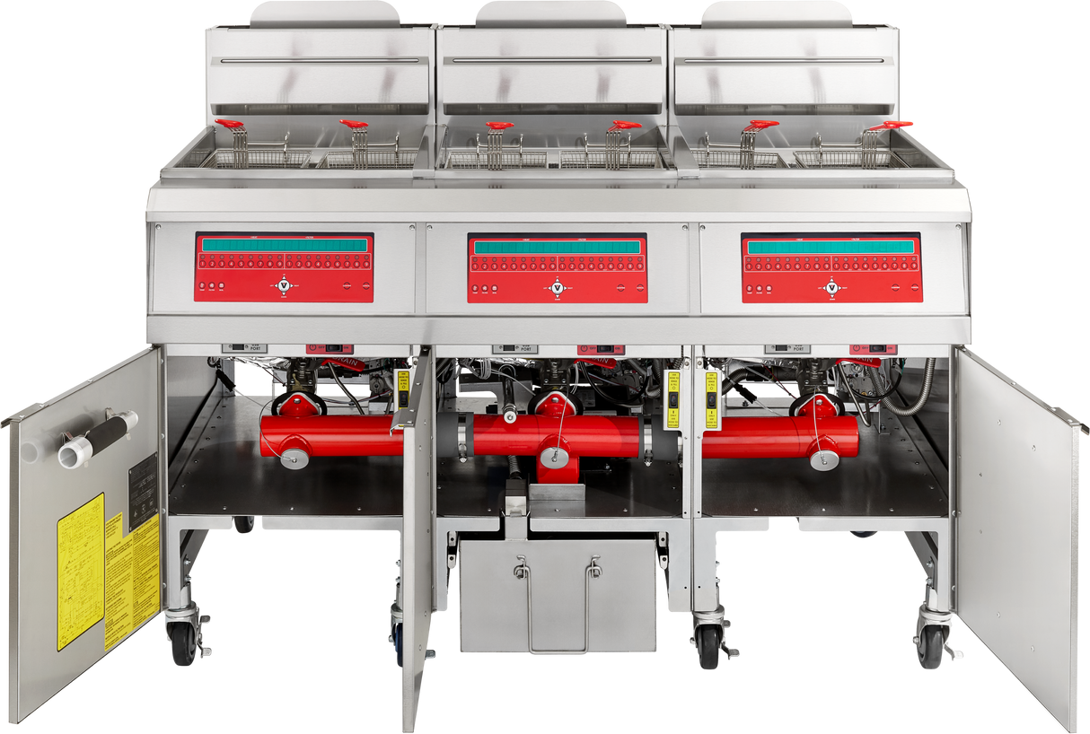 A high efficiency gas fryer with three frying units, each featuring red control panels and baskets. The lower cabinet doors are open, revealing the internal components and red fire suppression system. This ENERGY STAR fryer is on wheels and made of stainless steel.
