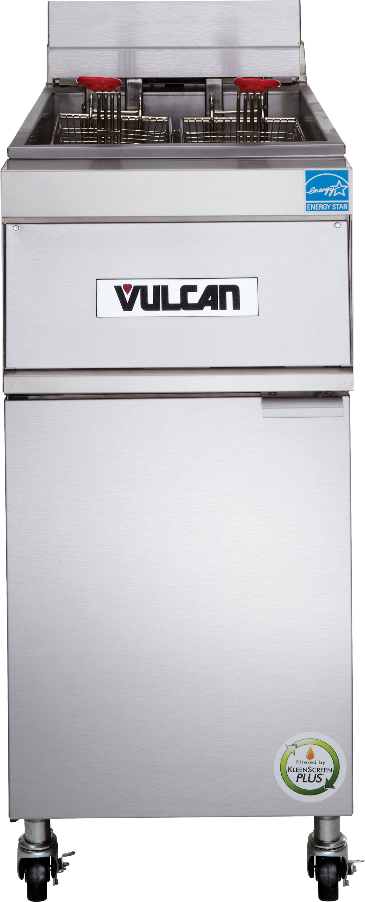 A commercial stainless steel Vulcan electric fryer with 50 lbs. capacity, two frying baskets, red handles, a temperature control panel, casters for mobility, plus Energy Star and certification stickers on the upper right and lower right corners.