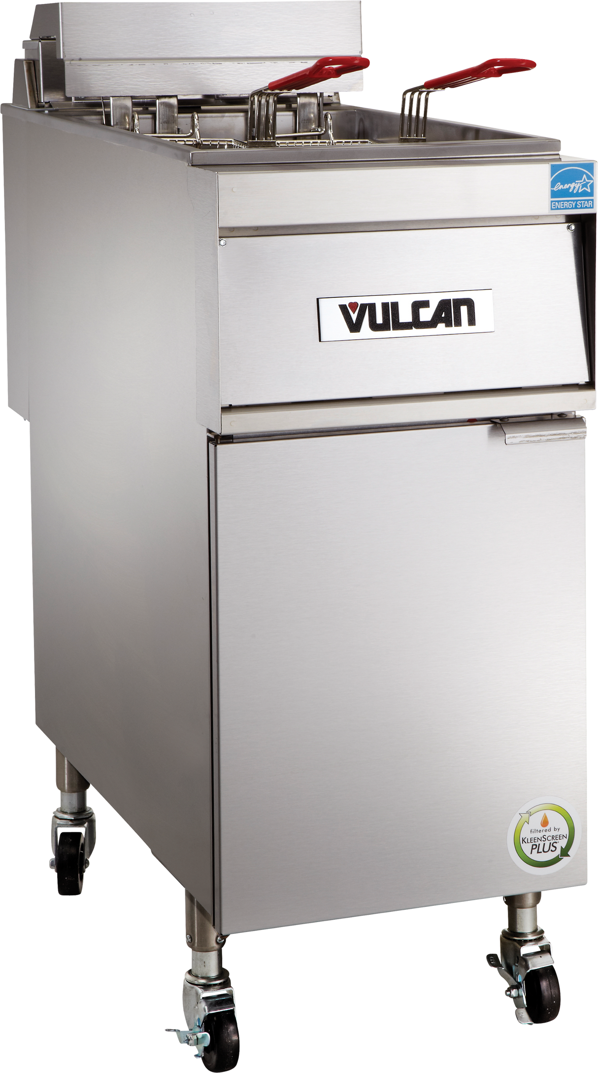 A commercial stainless steel deep fryer on wheels, branded Vulcan, with two fryer baskets featuring red handles and a front cabinet door. This electric fryer has a 50 lbs. capacity, control knobs, and a temperature display on the top right corner.